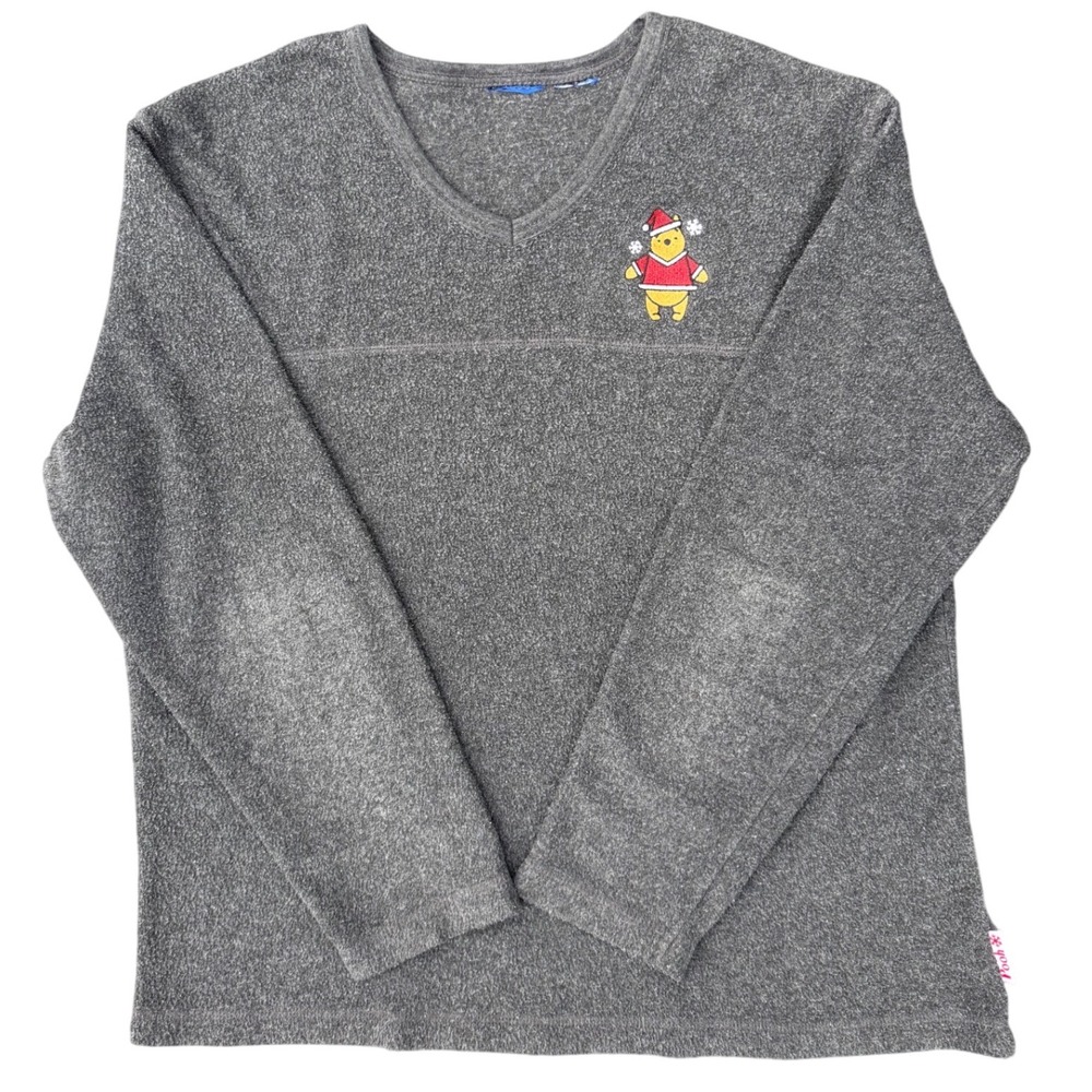 Vintage Winnie the Pooh Gray Christmas‎ Sweater Snowflake Embroidery Cozy Knit
